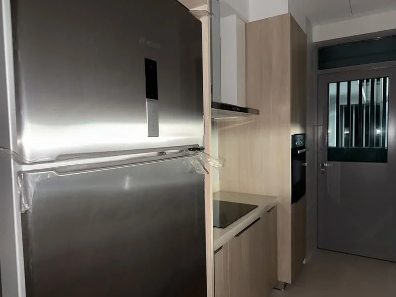 Kitchen features: stainless-steel fridge, built-in oven, ceramic cooktop, light wood cabinetry, white countertop, wall-mounted range hood, grey tiled flooring, single-bowl stainless-steel sink; style: modern.