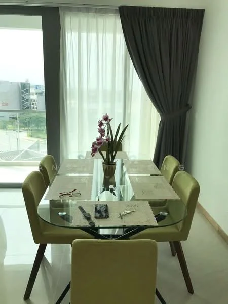 Dining features: glass dining table, 4 upholstered dining chairs in green, decorative vase with orchids, table placemats, cutlery, window with sheer curtains, grey curtain drapes, polished tile flooring; style: modern; view: city.