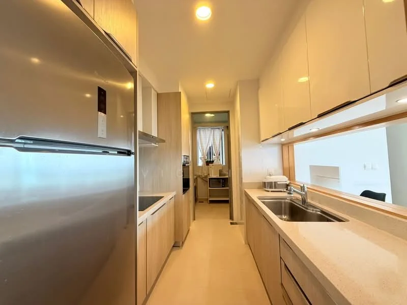 Kitchen features: stainless-steel fridge, double-bowl stainless-steel sink, chrome pull-down faucet, white quartz countertop, wood cabinetry with light finish, built-in oven, ceramic tile flooring, recessed downlights, wall-mounted cabinets, open shelving, window with sheer curtains; style: modern.