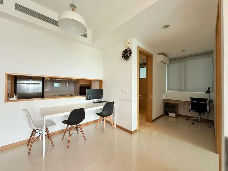 Living features: white painted walls, glossy tile flooring, recessed downlights, ceiling-mounted light fixture, built-in kitchen with countertop, open-plan layout, wall-mounted air conditioning unit, decorative wreath on wall, study desk with chair, computer monitor on desk, dining table with chairs; style: modern. Room features: white painted walls, glossy tile flooring, wall-mounted air conditioning unit, window with blinds.