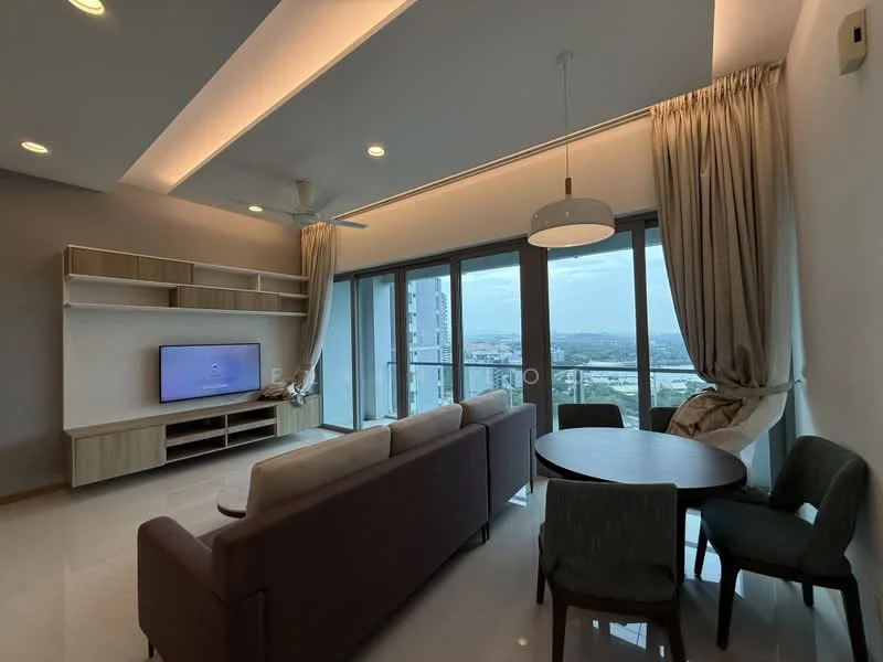 Living features: 3-seater fabric sofa in beige, wall-mounted TV, TV console with storage, large floor-to-ceiling windows, sliding glass door, curtains, ceiling fan with light, recessed downlights, marble tile flooring, decorative wall shelf, dining table for 4, upholstered dining chairs, view of city skyline; style: modern; view: city.