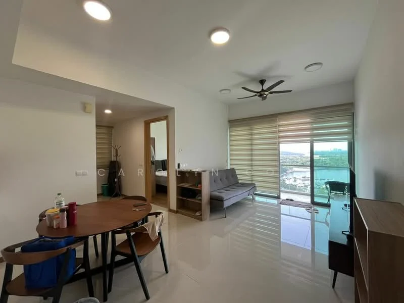 Living features: floor-to-ceiling windows, sliding glass door, 3-blade ceiling fan, recessed downlights, grey fabric sofa, wooden dining table, 4 wooden dining chairs, mirror on wall, TV console, ceramic tile flooring, roller blinds; style: modern; view: city.