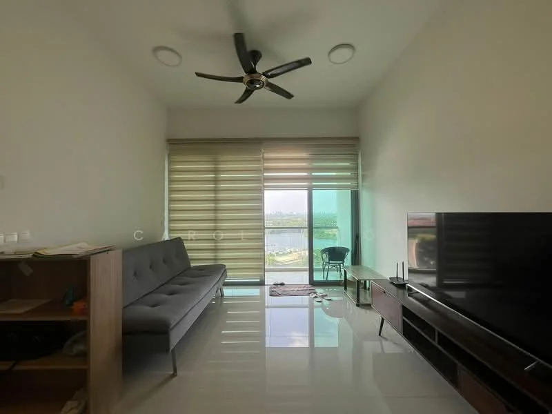 Living features: grey fabric sofa, floor-to-ceiling windows, sliding glass door, roller blinds, 5-blade ceiling fan, wall-mounted TV, TV console, polished tile flooring, decorative wall, coffee table; style: modern; view: city.