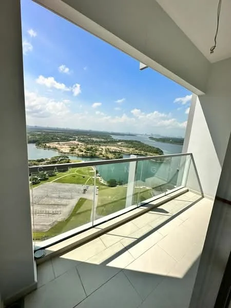 Room features: glass balcony railing, ceramic tile flooring, panoramic view of water, view of landscape, natural light from large windows, open space, high ceiling; style: modern; view: water.