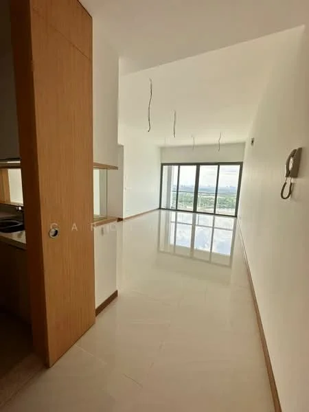 Room features: white painted walls, glossy marble tile flooring, floor-to-ceiling windows, view of greenery, recessed ceiling lights, open layout, wooden cabinetry, telephone intercom; style: modern; view: garden.
