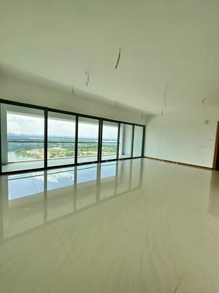 Living features: large floor-to-ceiling windows, white painted walls, polished ceramic tile flooring, unfurnished space, city view, natural light, high ceiling, minimalist design; style: modern; view: city.