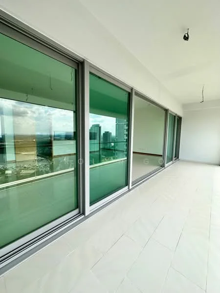 Room features: floor-to-ceiling windows, green tinted glass, white walls, light-colored tile flooring, open space, city view, natural light, minimalist design; style: modern; view: city.