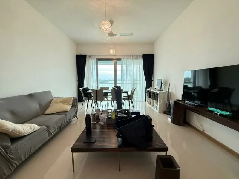 Living features: 3-seater fabric sofa in grey, coffee table with wooden surface, wall-mounted TV, TV console, floor-to-ceiling windows, sheer curtains, blackout curtains, ceiling fan, recessed downlights, decorative wall art, area rug, dining table with 6 chairs, open layout, white painted walls, glossy tile flooring; style: modern; view: sea.