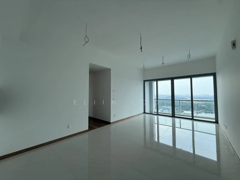 Living features: white painted walls, polished ceramic tile flooring, floor-to-ceiling windows, city view, recessed downlights, hanging light fixtures, open layout, no visible furniture; style: modern; view: city.