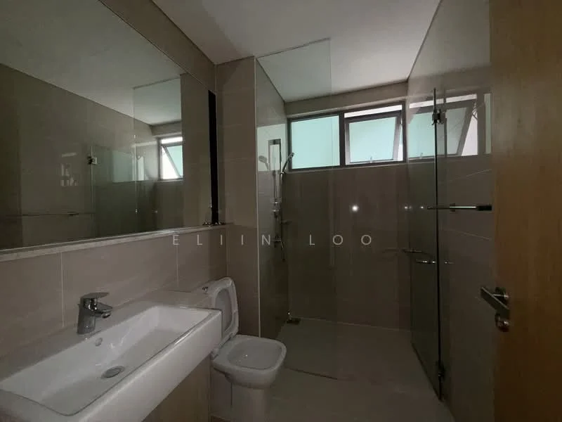 Bathroom features: single-sink vanity with chrome faucet, mirror above vanity, toilet, walk-in shower with glass enclosure, rain shower head, tile cladding on walls, ceramic tile flooring, frosted glass windows, recessed lighting; style: modern.