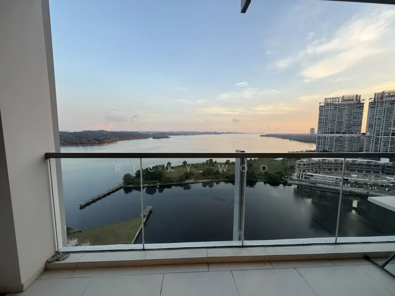 Room features: glass railing, tile flooring, waterfront view, city skyline view, sunset lighting, balcony space; style: modern; view: water.