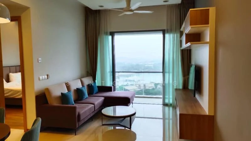 Living features: 3-seater fabric sofa in brown, 4 decorative cushions in blue, round coffee table, wall-mounted TV, TV console with wood finish, floor-to-ceiling windows, sheer curtains, light-colored walls, ceiling fan with light, marble flooring; style: modern; view: city.