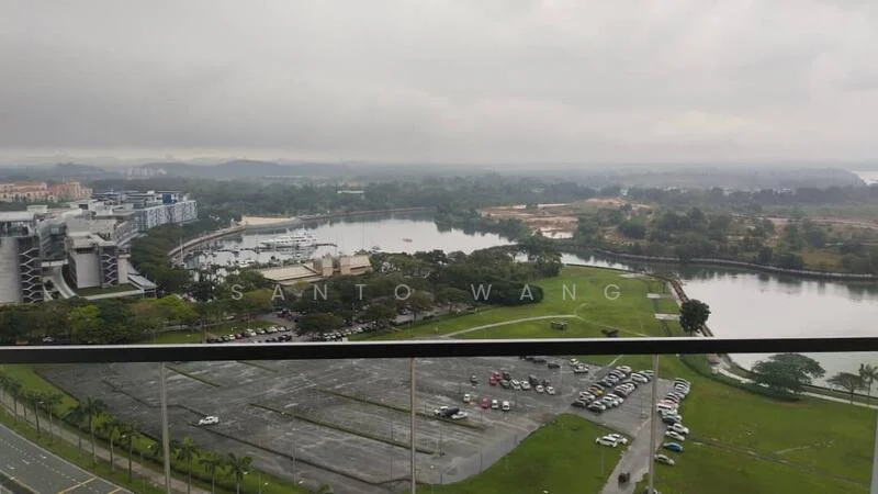 Exterior type: high-rise condominium; features: city skyline view, waterfront view, surrounded by greenery, parking lot visible, manicured lawn, adjacent to water body; style: modern.