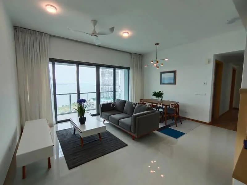Living features: 3-seater fabric sofa in grey, coffee table, area rug with geometric pattern, floor-to-ceiling windows, sliding glass door, ceiling fan, pendant light, decorative mirror, wall clock, white painted walls, marble flooring; style: modern; view: sea.