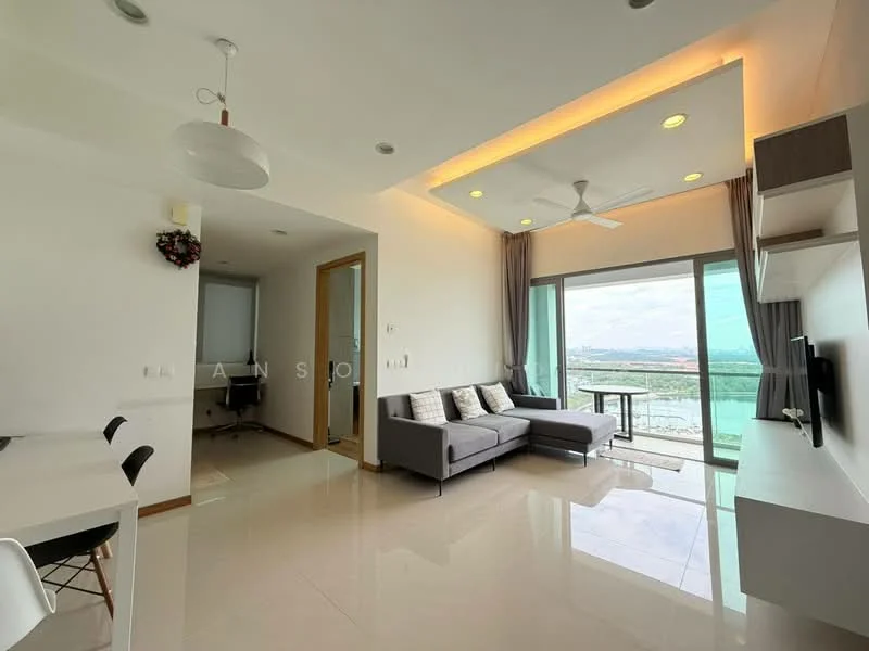 Living features: grey L-shape sectional sofa, white wall-mounted TV unit, floor-to-ceiling windows, city view, recessed downlights, ceiling fan, cream painted walls, polished tile flooring, decorative wall clock, dining table with chairs; style: modern; view: city. Room features: white painted walls, polished tile flooring.