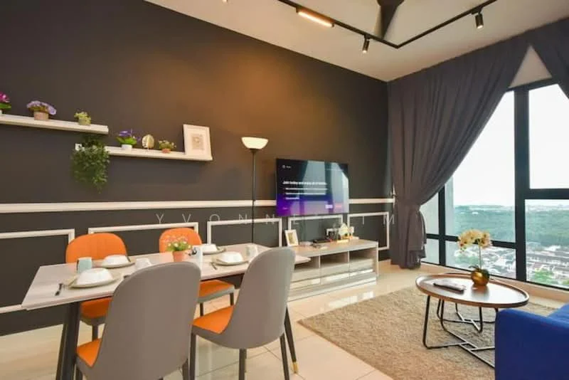 Living features: grey accent wall, white shelving unit, wall-mounted TV, floor-to-ceiling windows, curtains, recessed downlights, area rug, coffee table, dining table with chairs, decorative plants, decorative wall art, light fixture; style: modern; view: city.