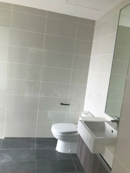 Bathroom features: white wall tiles, grey floor tiles, single-sink vanity with wood cabinet, chrome basin mixer faucet, framed mirror, one-piece toilet, wall-mounted towel bar; style: modern.