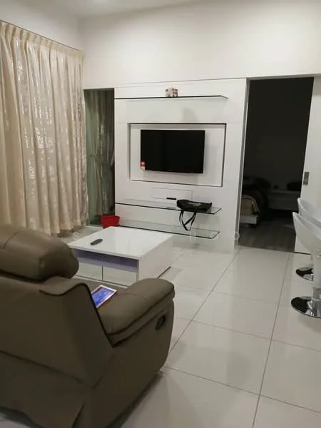 Living features: cream curtains, white walls, white tiled flooring, wall-mounted TV, glass coffee table, brown leather recliner sofa, built-in shelving unit, recessed lighting; style: modern. Room features: dark flooring, bed visible in background.
