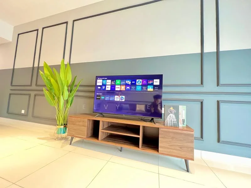 Living features: flat-screen TV on wooden console, wooden console with open shelving, green indoor plant in a pot, light-colored tiled flooring, grey accent wall with decorative paneling, white walls, recessed lighting, modern decor; style: modern.