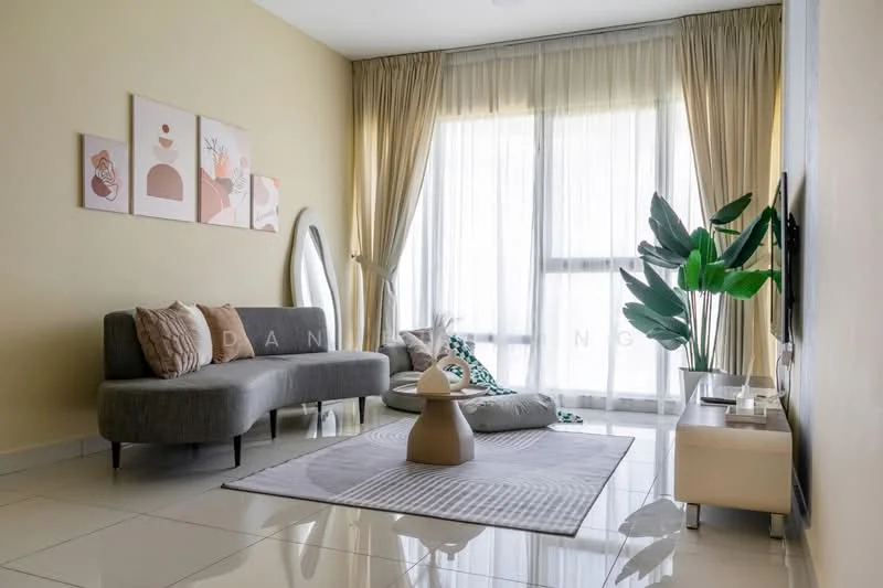 Living features: grey fabric sectional sofa, decorative cushions in beige and brown, round coffee table in beige, area rug with geometric pattern, floor-to-ceiling windows with sheer curtains, light-colored walls, large mirror, indoor plant, TV console with wall-mounted TV, recessed lighting; style: modern.