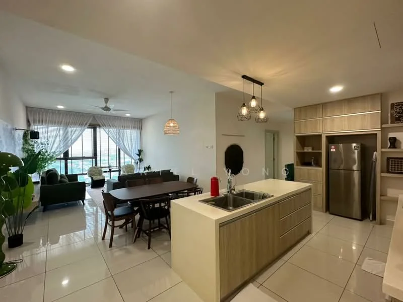Kitchen features: island kitchen with countertop, single-bowl stainless-steel sink, chrome pull-down faucet, built-in oven, stainless-steel fridge, wood cabinetry, white tiled backsplash, ceramic tile flooring, recessed downlights; style: modern; view: city. Living features: 3-seater fabric sofa in green, 2-seater fabric sofa, wood dining table with 8 chairs, pendant lighting, floor-to-ceiling windows, curtains, decorative plants, area rug, wall-mounted TV; style: modern; view: city.