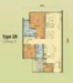 Floor plan: 2-bedroom 1-bathroom unit; features: open-plan kitchen-dining-living, master bedroom with ensuite bathroom, bedroom 2 with shared bathroom, utility room, balcony off living room, central foyer, 1 car porch.