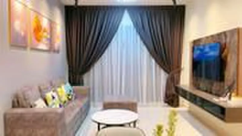 Living features: 3-seater fabric sofa in grey, decorative cushions with patterns, round coffee table, wall-mounted TV, TV console, floor-to-ceiling curtains in dark brown, sheer curtains, framed artwork on walls, recessed lighting, white walls, light-colored flooring; style: modern.