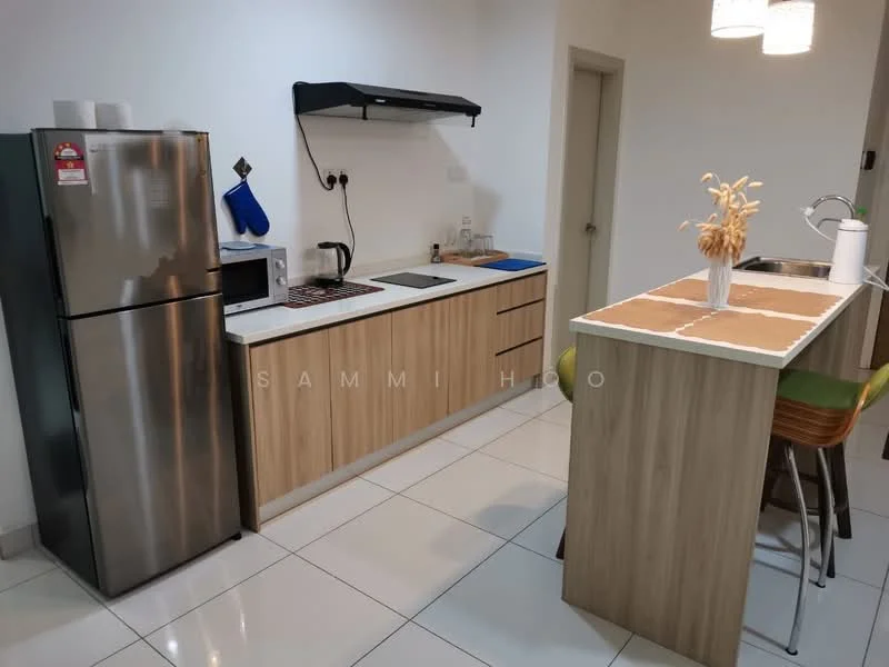 Kitchen features: stainless-steel fridge, built-in oven, 4-burner gas hob, white countertop, wood cabinetry, kitchen island with seating, pendant lighting, white tiled flooring, wall-mounted range hood, sink with faucet; style: modern.