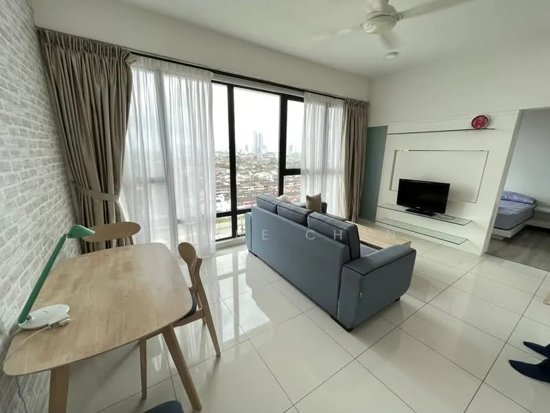 Living features: grey fabric sofa, wooden coffee table, floor-to-ceiling windows, city view, white painted walls, light-colored tile flooring, ceiling fan, wall-mounted TV, glass TV console, curtains, decorative wall clock; style: modern; view: city. Room features: bed visible in background, white bedding, wooden flooring.