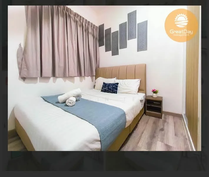 Bedroom features: queen-size bed, upholstered headboard, white bedding, blue throw blanket, two white towels, wooden bedside table, decorative flower in vase, curtains in light beige, light wood flooring, wall art panels, wall-mounted light fixture; style: modern.