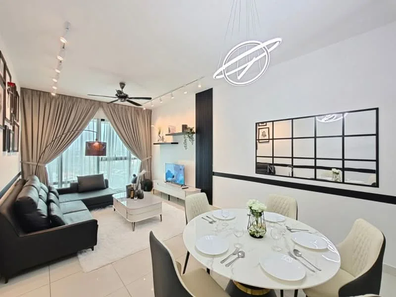 Living features: 3-seater black leather sofa, 2-seater fabric sofa in grey, white coffee table, TV console, wall-mounted TV, area rug, ceiling fan with light, recessed downlights, large windows with sheer curtains, decorative wall art, black accent wall, glass mirror with grid pattern; style: modern; view: city. Dining features: round dining table, 4 upholstered dining chairs, table setting with plates and glasses, decorative flower vase; style: modern.