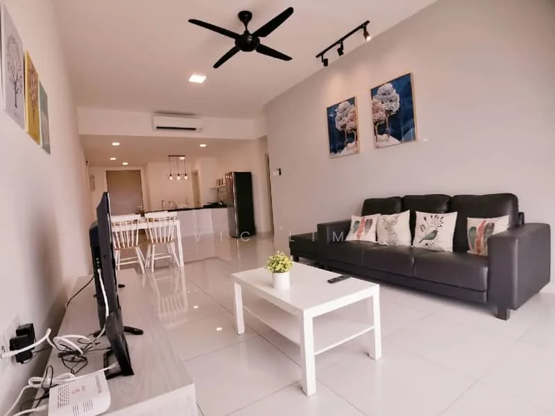Living features: 3-seater leather sofa in black, coffee table in white, wall-mounted TV, ceiling fan with light, recessed downlights, white painted walls, glossy tile flooring, decorative wall art, area rug, open-plan layout to kitchen; style: modern. Kitchen features: kitchen island, white cabinetry, stainless-steel appliances, open shelving, glossy tile flooring; style: modern.
