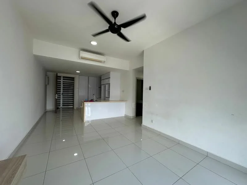 Living features: white painted walls, glossy ceramic tile flooring, 5-blade ceiling fan with light, recessed downlights, open-plan layout with kitchen, large window for natural light, air conditioning unit, minimalist decor; style: modern. Kitchen features: white cabinetry, kitchen island with countertop, built-in appliances, open layout to living area; style: modern.