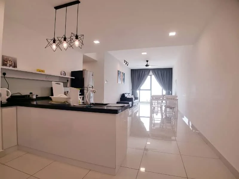 Kitchen features: black granite countertop, white cabinetry, stainless-steel fridge, kettle, built-in oven, pendant lighting, recessed downlights, white tiled flooring, open-plan layout, 5-blade ceiling fan, dining table with chairs, floor-to-ceiling window, curtains; style: modern; view: city.