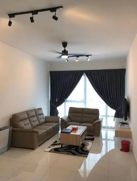 Living features: 3-seater leather sofa in beige, 2-seater leather sofa in beige, coffee table, area rug with geometric pattern, wall-mounted TV, floor-to-ceiling windows, sheer curtains, blackout curtains, recessed LED downlights, ceiling fan, white painted walls, glossy tile flooring; style: modern; view: city.