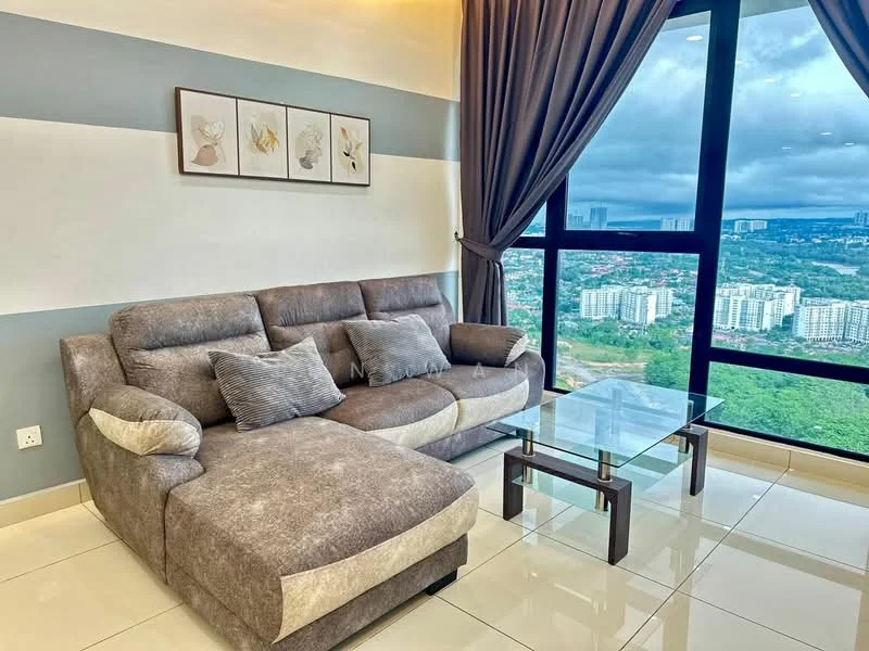 Living features: L-shape sectional sofa in grey, decorative cushions, glass coffee table, floor-to-ceiling windows, city view, white painted walls, grey accent wall, tile flooring, curtains, framed artwork; style: modern; view: city.