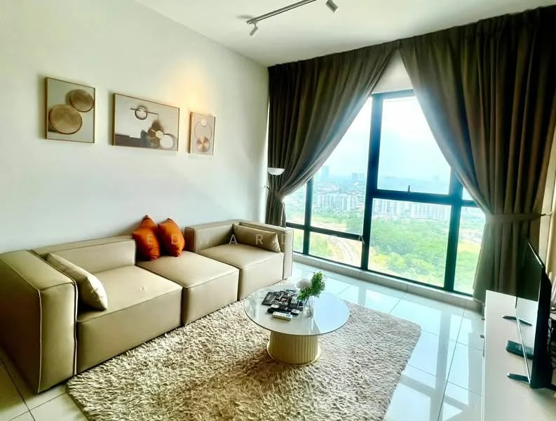 Living features: 3-seater fabric sofa in beige, orange decorative cushions, round coffee table with textured base, area rug with neutral color, floor-to-ceiling windows, curtains in dark grey, wall-mounted TV, decorative wall art with abstract designs, recessed ceiling lights, white tiled flooring; style: modern; view: city.