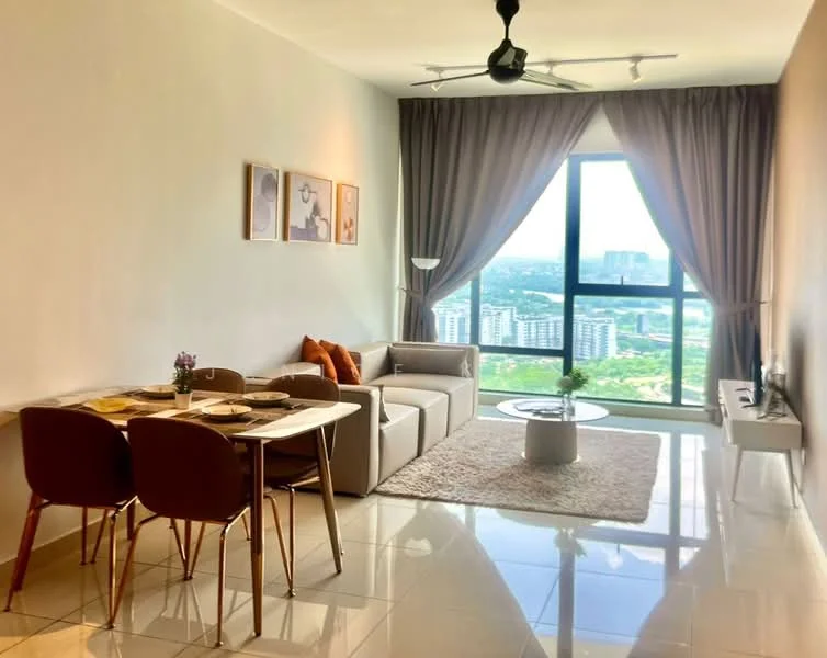 Living features: floor-to-ceiling windows, grey curtains, 3-seater fabric sofa in light grey, coffee table, area rug, dining table with 4 chairs, decorative wall art, ceiling fan with light, polished tile flooring, TV console, wall-mounted TV; style: modern; view: city.