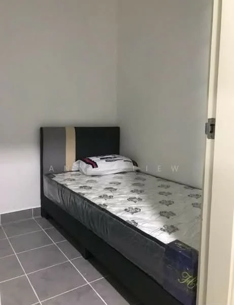 Bedroom features: single bed, grey upholstered headboard, mattress with floral pattern, grey bed frame, white walls, grey tiled flooring, window with no visible treatment, light switch on wall; style: minimalist.
