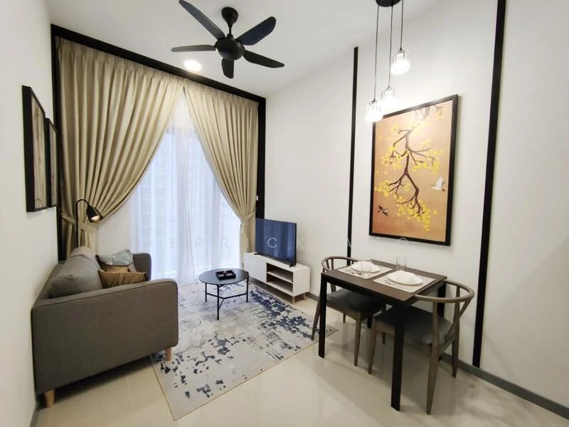 Living features: 3-seater fabric sofa in grey, coffee table, wall-mounted TV, area rug with abstract pattern, floor-to-ceiling windows, sheer curtains, 5-blade ceiling fan with light, dining table for 2 with chairs, decorative wall art, white painted walls, tile flooring; style: modern; view: city.