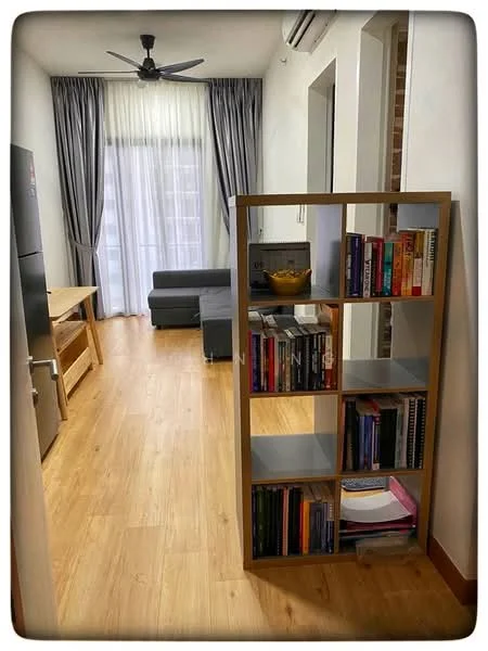 Living features: laminate flooring, 5-blade ceiling fan, floor-to-ceiling windows, grey fabric sofa, wooden dining table, open shelving unit with books, curtains, air conditioning unit; style: modern.