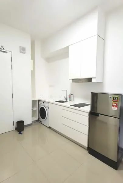 Kitchen features: white cabinetry, stainless-steel sink, chrome pull-down faucet, built-in oven, 4-burner gas hob, stainless-steel range hood, fridge, front-load washing machine, countertop with minimalistic design, tile flooring, wall-mounted cabinet, open shelving, neutral wall color, recessed downlights; style: modern.