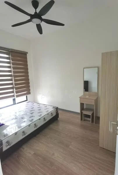 Bedroom features: queen-size bed, wooden bed frame, upholstered headboard, 5-blade ceiling fan, wooden flooring, window with wooden blinds, dressing table with mirror, small chair, decorative wall art, neutral painted walls; style: modern.