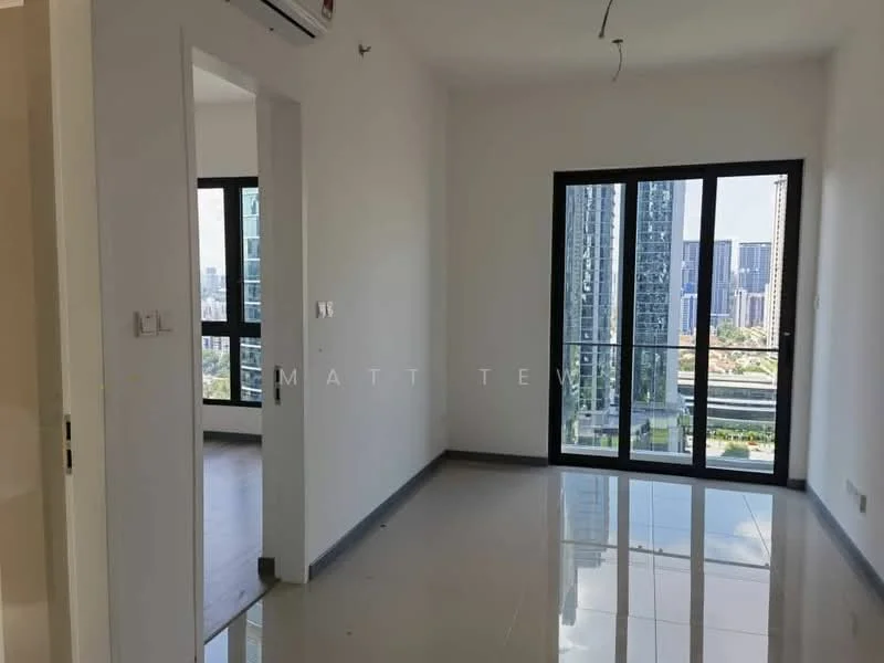 Room features: white painted walls, grey tiled flooring, floor-to-ceiling windows, black window frames, city view, air conditioning unit, recessed ceiling lights, open layout; style: modern; view: city.