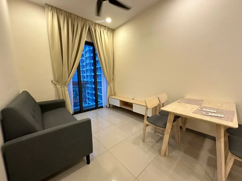 Living features: grey fabric sofa, wooden coffee table, wooden dining table, two dining chairs, floor-to-ceiling windows, curtains, glossy tile flooring, wall-mounted TV console; style: modern; view: city.