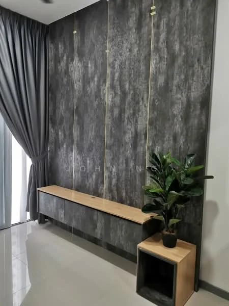 Room features: grey textured wall, wooden bench with natural finish, black storage unit, potted plant, floor-to-ceiling windows, sheer curtains, glossy tile flooring; style: modern.