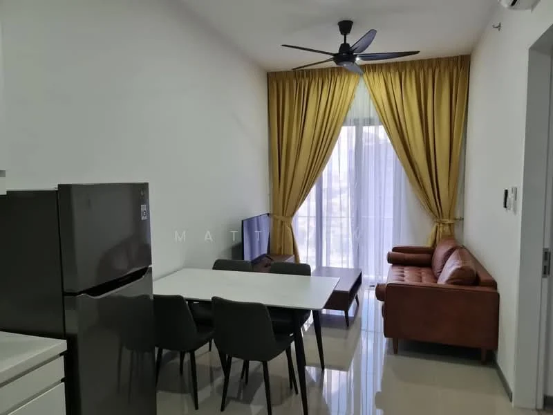 Living features: 3-seater brown leather sofa, white dining table, 4 grey upholstered dining chairs, floor-to-ceiling windows, sheer curtains, yellow drapes, wall-mounted TV, ceiling fan with light, polished tile flooring, decorative wall, light-colored walls; style: modern; view: city.