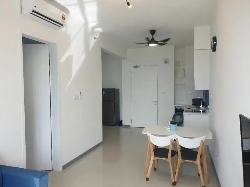 Living features: light grey painted walls, white ceiling, 5-blade ceiling fan with light, wall-mounted TV, blue fabric sofa, dining table for 4 with wooden legs, 2 white dining chairs, polished tile flooring, air conditioning unit, refrigerator in the background, kitchen cabinetry visible, door leading to other rooms; style: modern.
