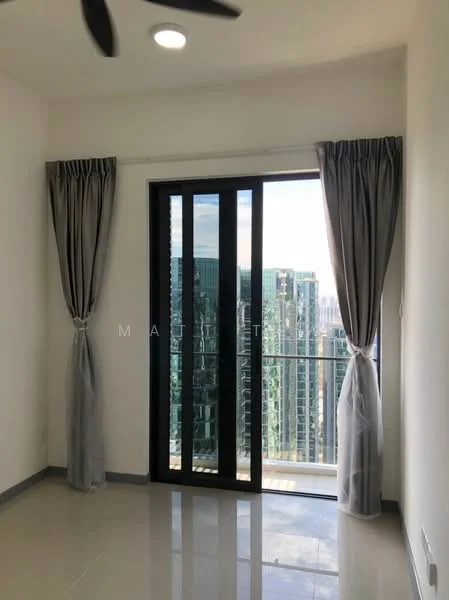 Room features: white painted walls, glossy tile flooring, floor-to-ceiling sliding glass door, black window frames, grey sheer curtains, grey blackout curtains, ceiling light fixture, city skyline view; style: modern; view: city.