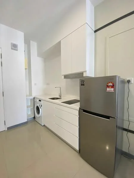 Kitchen features: white cabinetry, stainless-steel sink, chrome pull-down faucet, built-in oven, stainless-steel fridge, front-load washing machine, grey countertop, ceramic tile flooring, recessed downlights, open shelving, wall-mounted cabinet, neutral wall colour; style: modern.